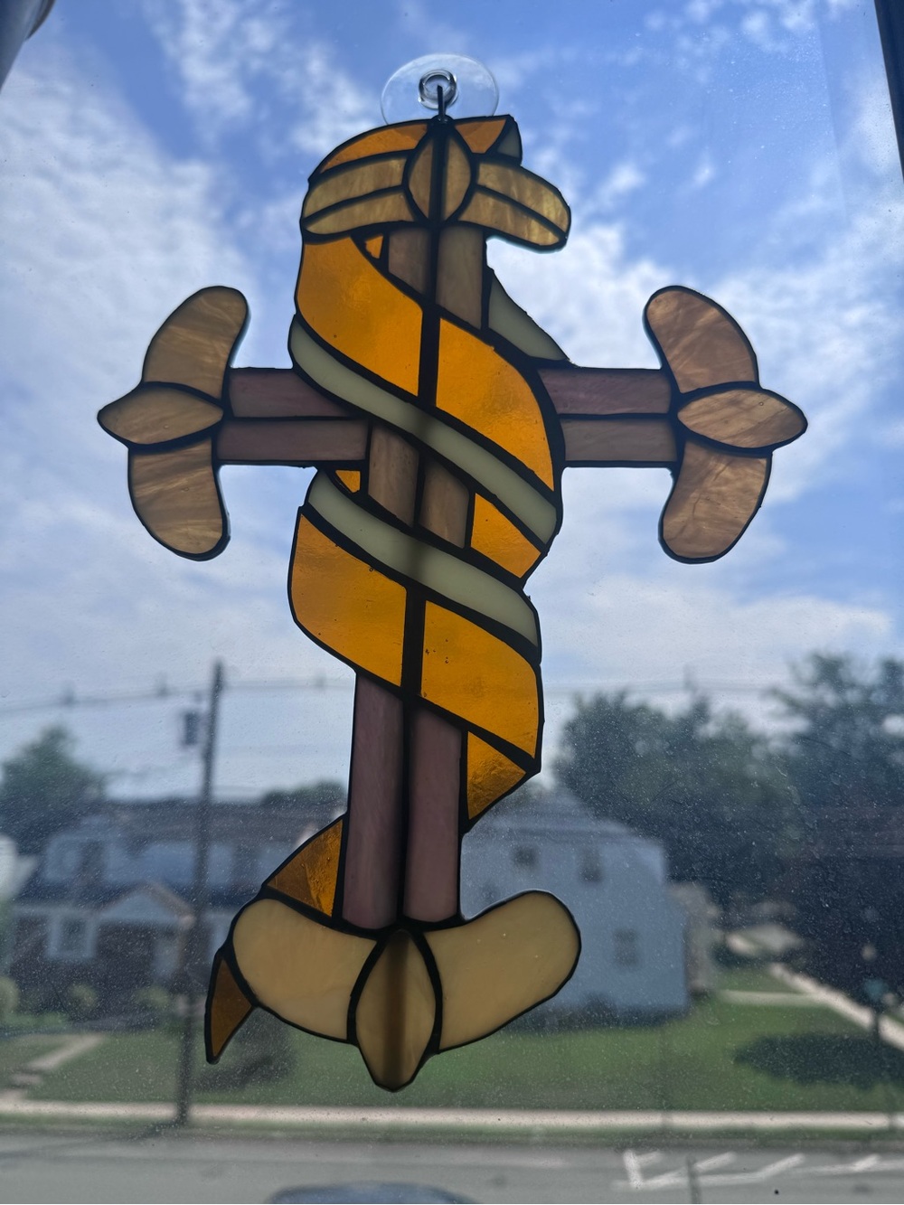 Stained Glass Cross with Gold Ribbon Window Hanging